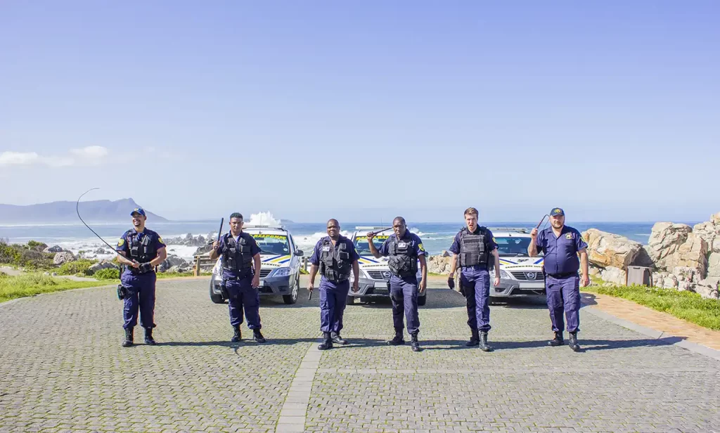 Security officers in front of cars with ocean in the background